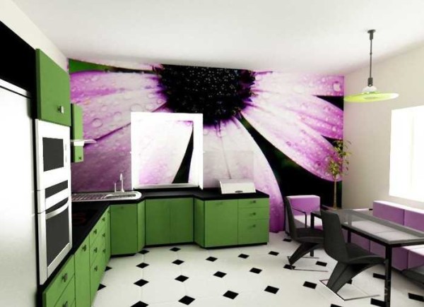 The dominant wall in the kitchen is decorated with photo wallpaper