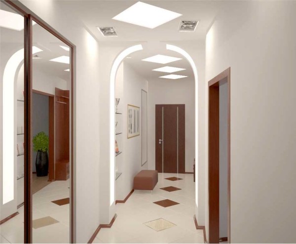 A long corridor is divided into zones with lighting and plasterboard arches - so it looks not so dull and monotonous