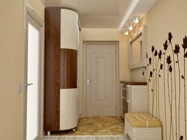 Unusual shape of the cabinet, soft tones of beige and brown. Hallway interior design is soft and calm