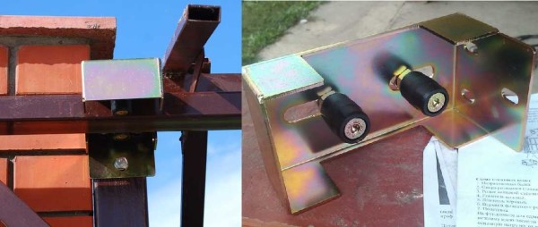 The upper rollers are attached to the posts, gripping the upper edge of the gate