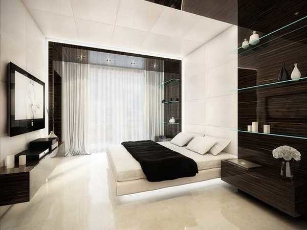 Classic curtains in the interior of a high-tech bedroom