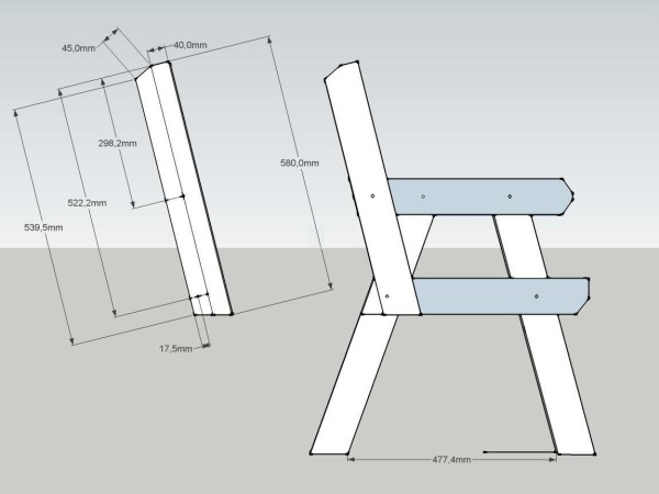 Bench with back: drawing with dimensions