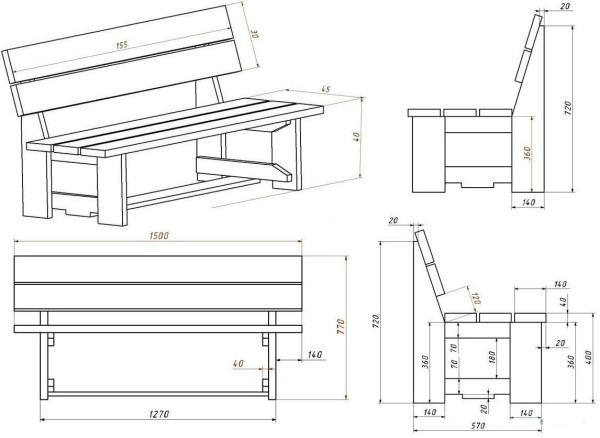 Plank bench: dimensions and drawing
