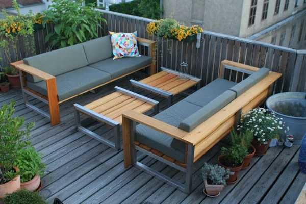Stylish benches made of metal and wood