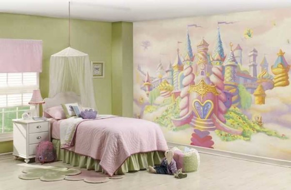 Sticking a photo wallpaper with a cartoon frame is a great idea for decorating a nursery