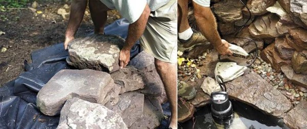 The film laid in the pit is decorated with boulders. Then put the pump
