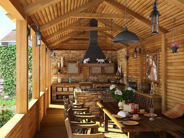 Open summer kitchen from a bar, attached to the house