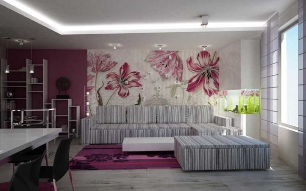 The seating area is highlighted with wallpaper with a large pattern