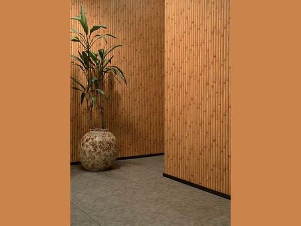Bamboo wallpaper works well with smooth vinyl of a similar shade