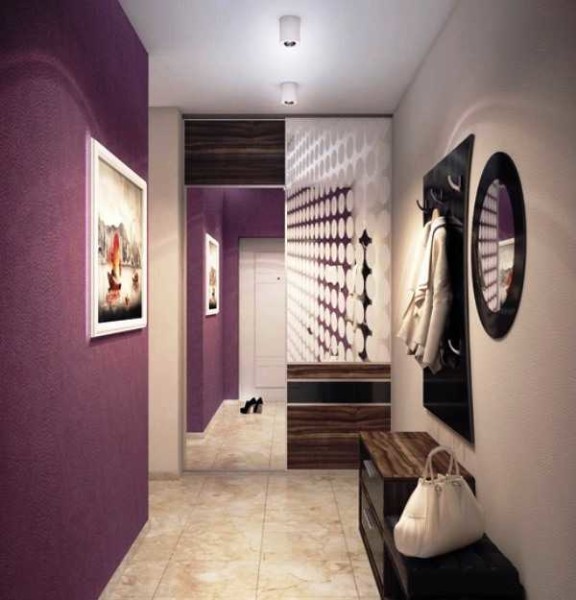 One accent wall is lilac, the rest are neutral