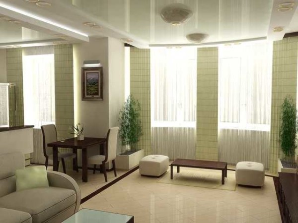 Living room in the style of minimalism: curtains of classic cut, curtains - Japanese type