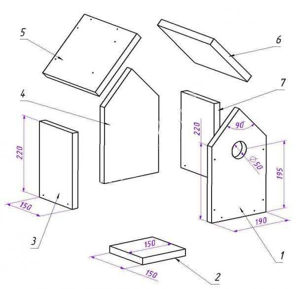 Birdhouse with a triangular roof: layout by detail