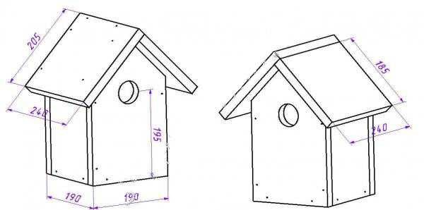 Birdhouse with a triangular roof: drawing, dimensions Birdhouse with a triangular roof: drawing, dimensions