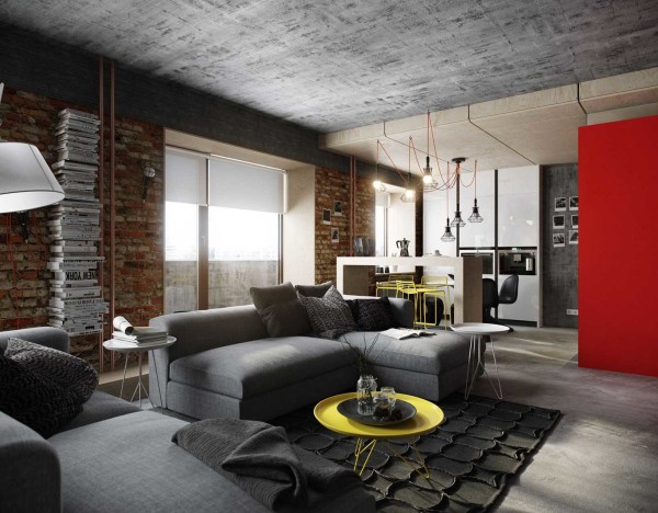 Loft-style living room - furniture in the middle of the room