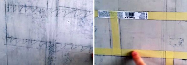 First we draw bricks, then we glue adhesive tape on the seams