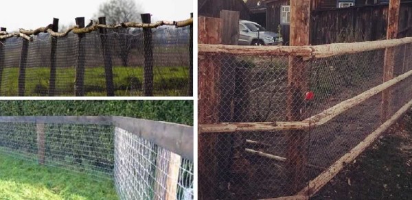 Fence made of mesh netting on wooden posts