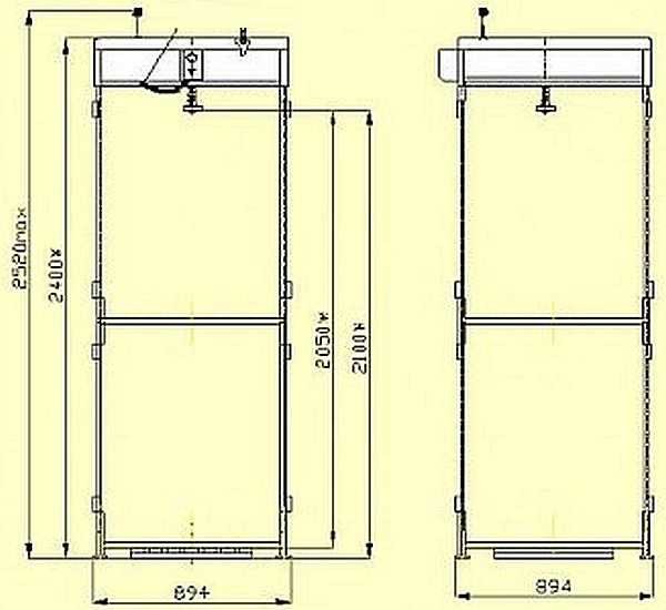 Drawing of a shower cubicle in the country (with minimum dimensions)