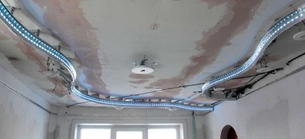 Ceiling prepared for installation: everything is cleaned, embedded for lighting installed