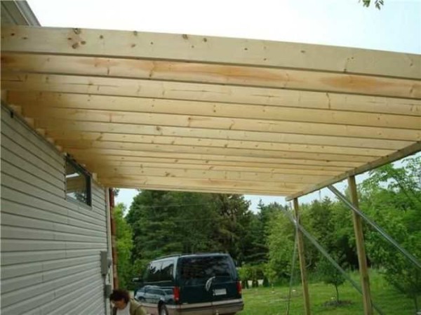 The rafter system of the shed canopy from below