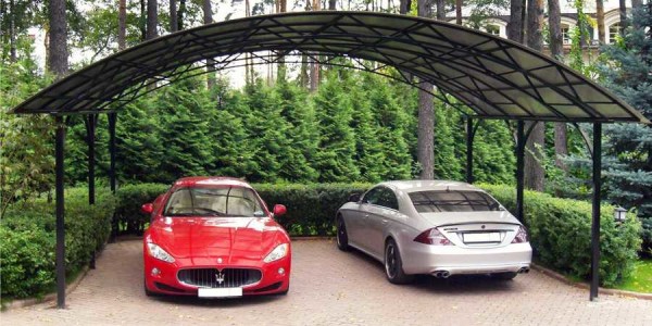 When calculating the width of the canopy for two cars, the distance between the rear-view mirrors is taken to be 50 cm.To the posts, it is also considered half a meter