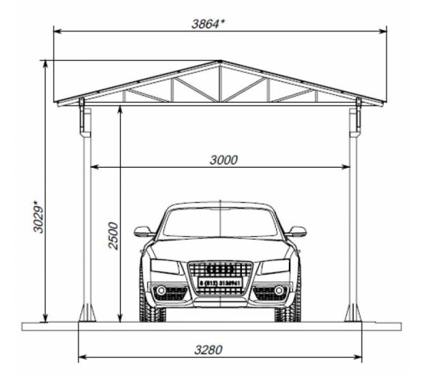Drawing of a gable roof carport for a metal car