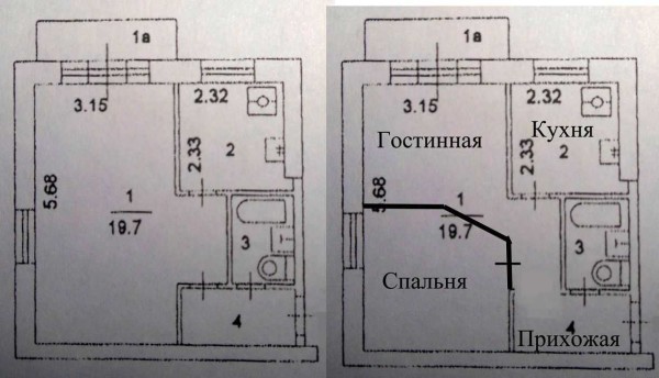 Make an apartment with a bedroom from a small one-room apartment