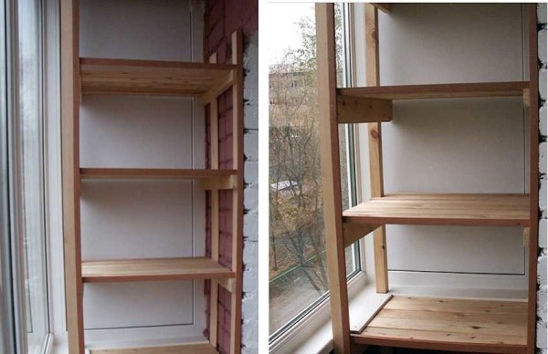 Shelves made of boards on the balcony are most often made