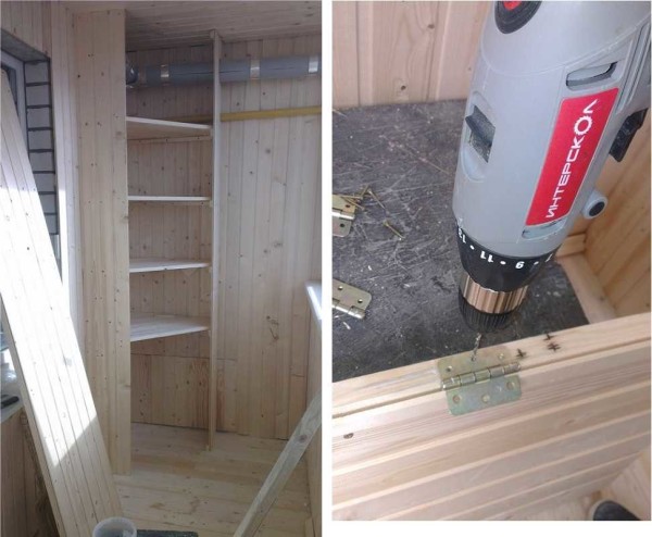 Stages of construction of a corner cabinet from lining