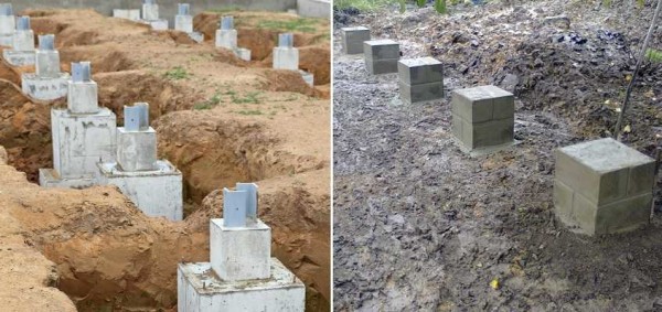 Two types of columnar foundations made of different materials, for buildings of different weights