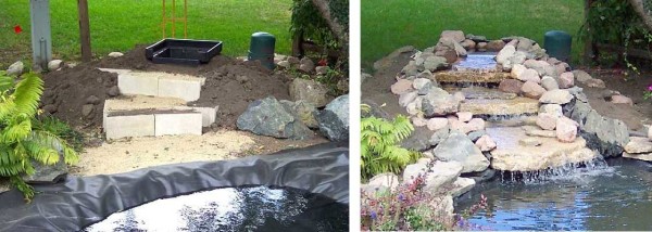 Garden waterfall with a wide stream