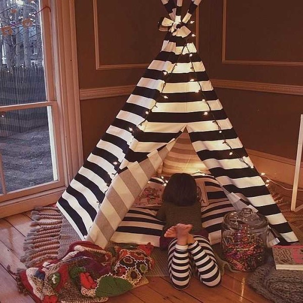 Homemade play hut for children, wigwam type