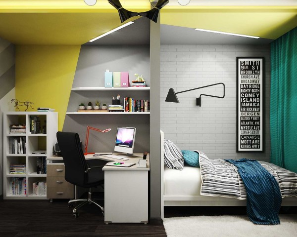 The sleeping area from the working area can be separated with a plasterboard partition