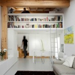 The shelves mask the sleeping area upstairs