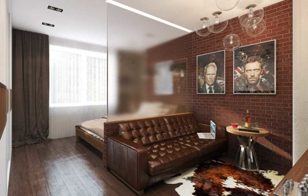 A translucent partition lets in enough light and at the same time separates the living room from the bedroom