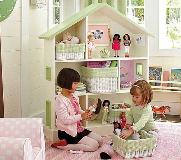 Rack for toys in the nursery for a girl