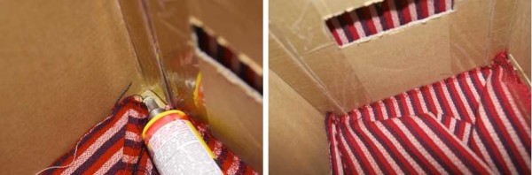We glue the fabric along the edges of the box