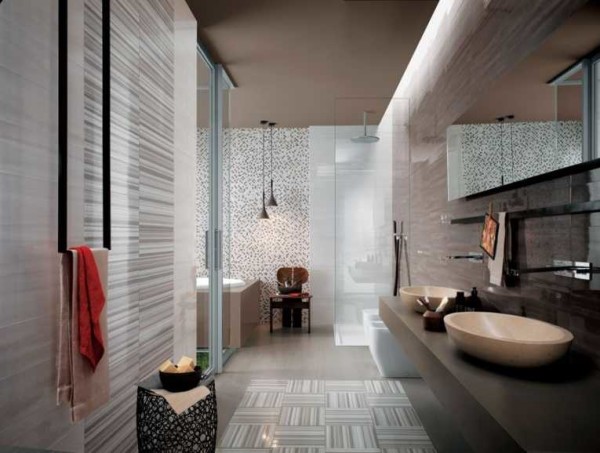 Beige and brownish tones with blue are an infrequent combination, but it looks great