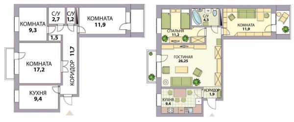 Increase in living space due to the corridor