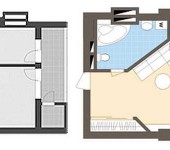 Allocation of a bedroom in a one-room apartment using a radial partition and joining a balcony