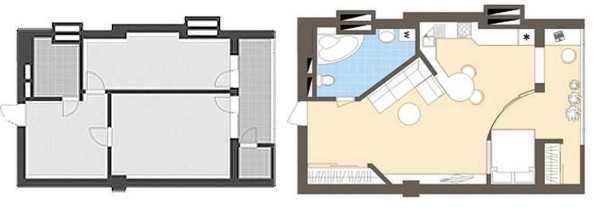 Allocation of a bedroom in a studio apartment using a radial partition and joining a balcony