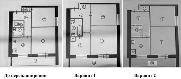 Redevelopment option for a 2-room apartment with a change in the area of ​​the bathroom or hallway