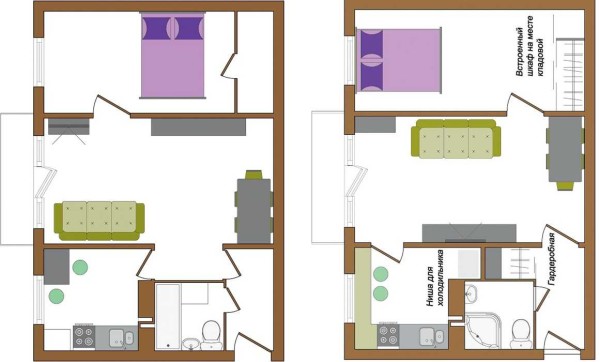 In this version of the repair of a small apartment, not only the doors were moved, but also the partitions and the bathroom was combined