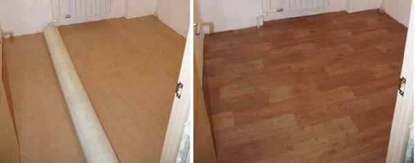 Fiberboard was laid, linoleum on top