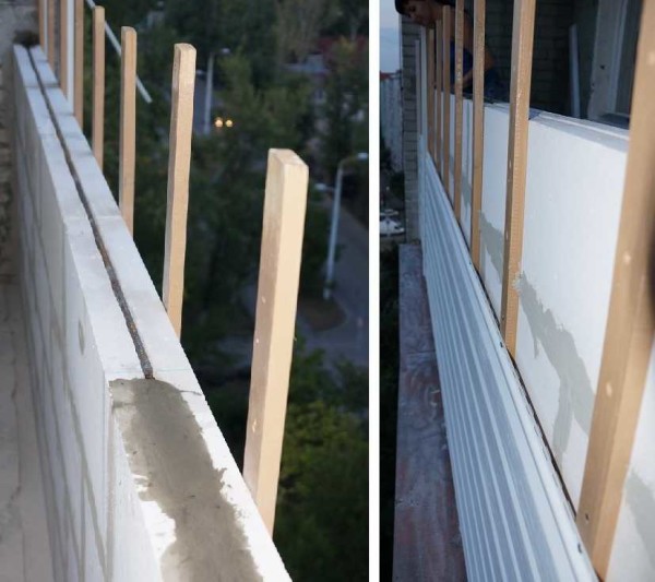 The partition on the balcony is made of aerated concrete blocks. Reinforcement is visible (in the photo on the left). In parallel, wooden planks were mounted on the outside, on which the sading was attached