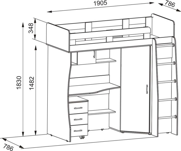 Blueprint: loft bed for a teenager with a wardrobe and a workplace