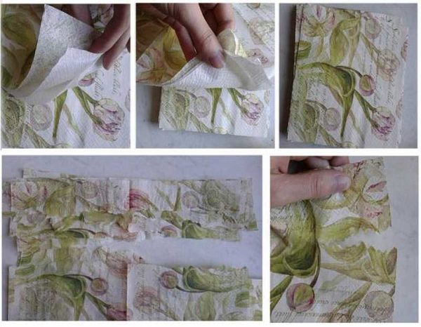 Separate the top layer of napkins with a pattern, tear them lengthwise into two parts