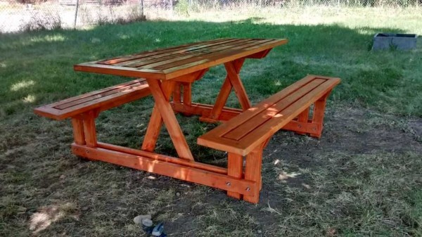 Outdoor table for giving with benches