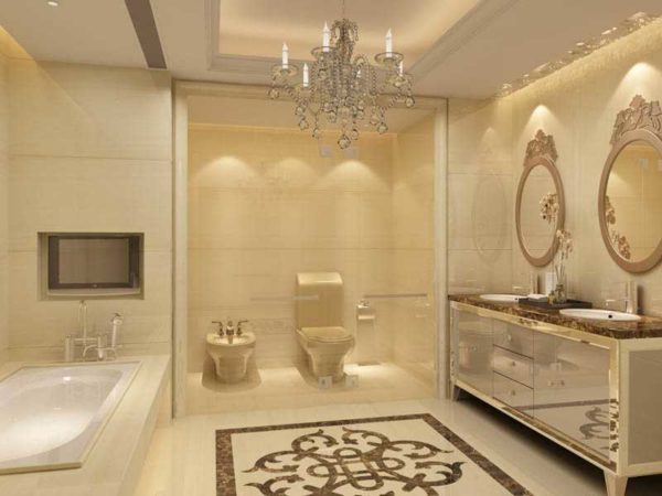 Chic bathroom interior with polished porcelain stoneware