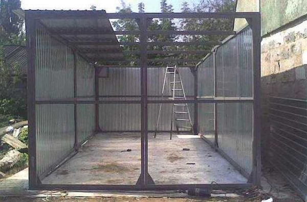 A frame for a garage made of corrugated board is usually made from a profiled pipe or a steel corner
