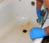 Often the enamel is cleaned off with a grinder with an abrasive nozzle.